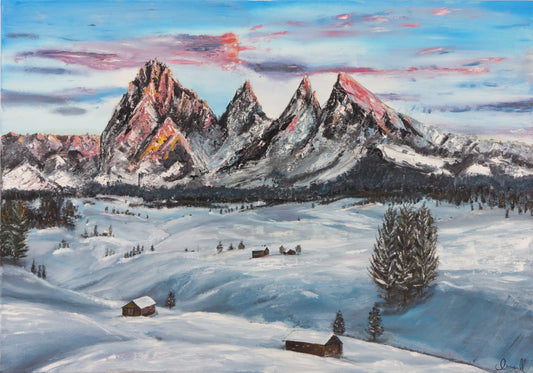 Painting of a snowy mountain landscape with peaks and a village.